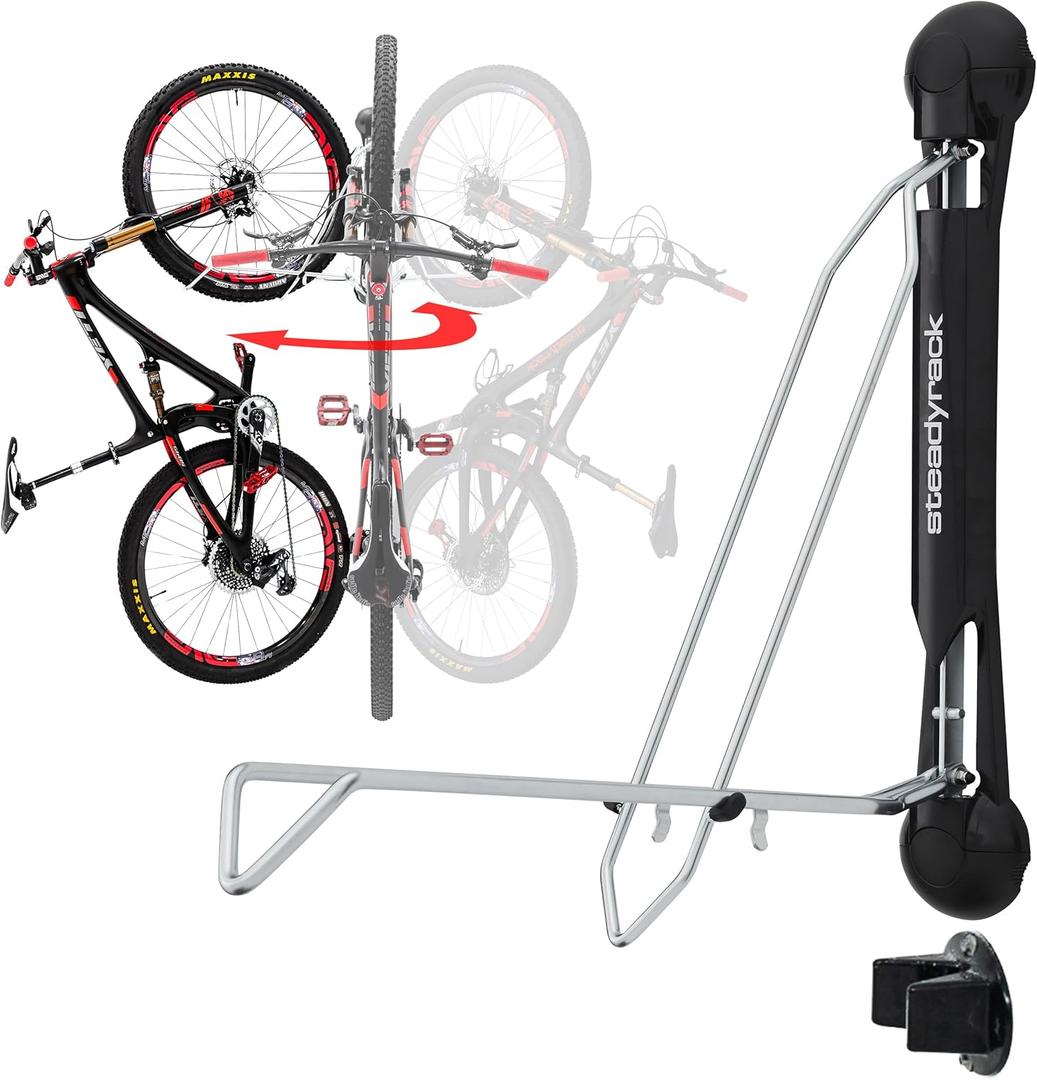 Steadyrack Bike Rack - Pivoting Mountain Bike Rack, Holds Up 77lbs, Fits 20"-29", 2.1"-2.8" Tires, Foldable Wall Mount for Space-Saving Storage Bicycle Hanger