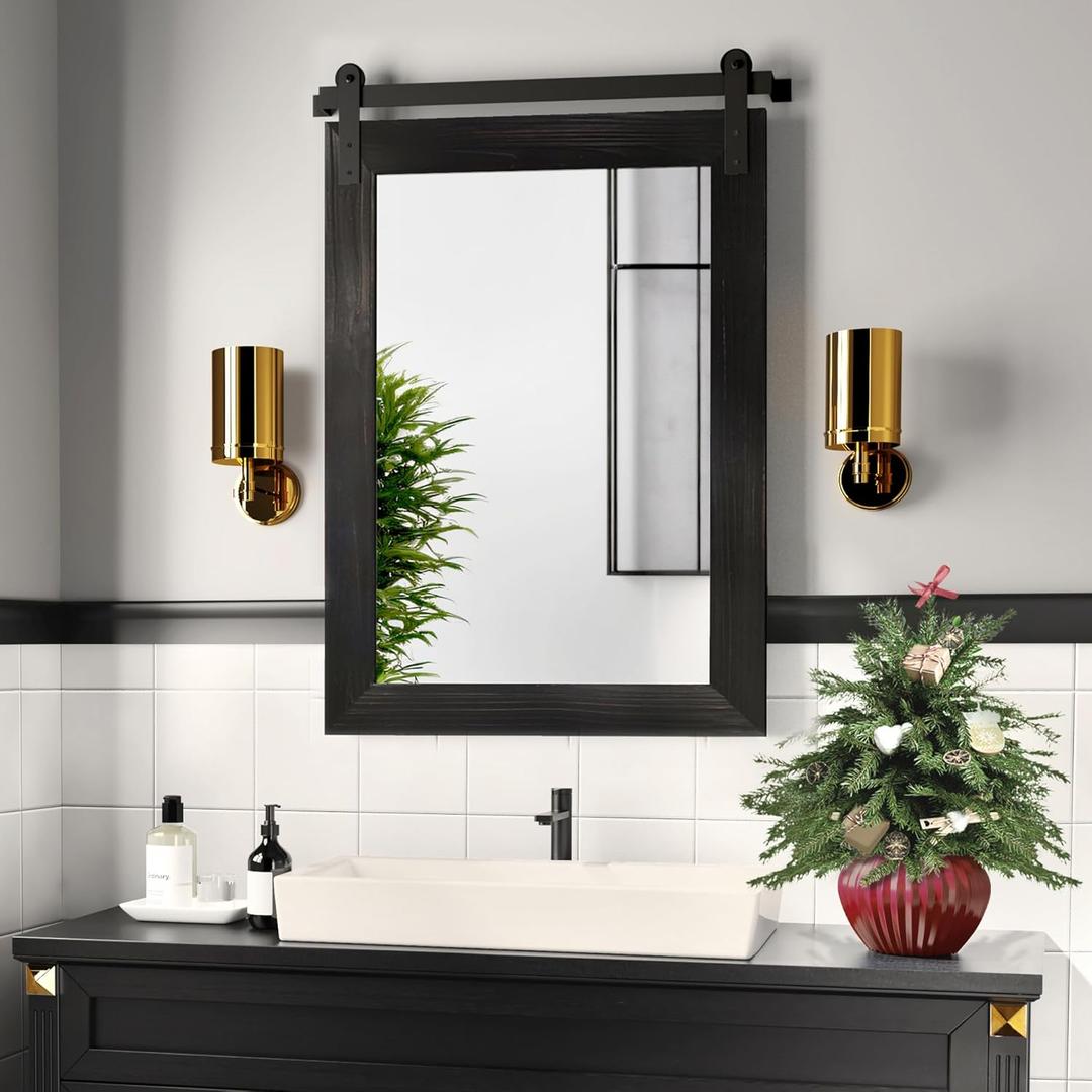COGOOD Bathroom Mirrors for Over Sink - 21 x 30 Farmhouse Barn Door Wall Mirror for Bathroom, Living Room, Entryway Wall Decor, Black