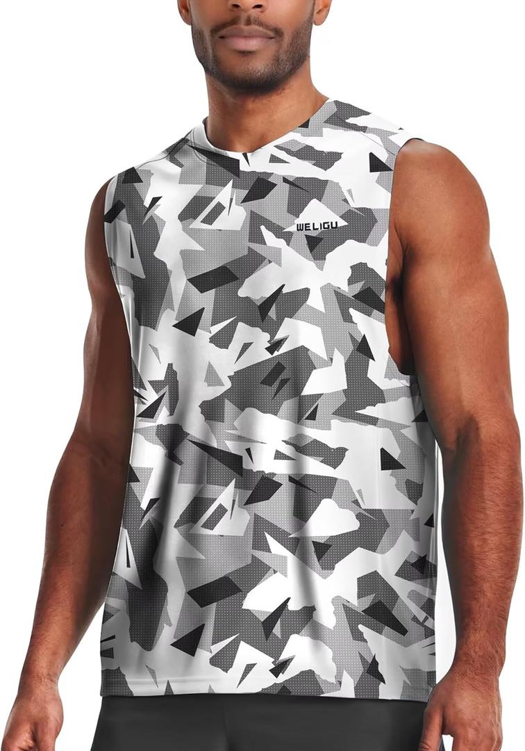 Men's Sleeveless Swim Shirts Quick Dry Moisture Wicking Gym Shirts Breathable Workout & Beach (White, L)