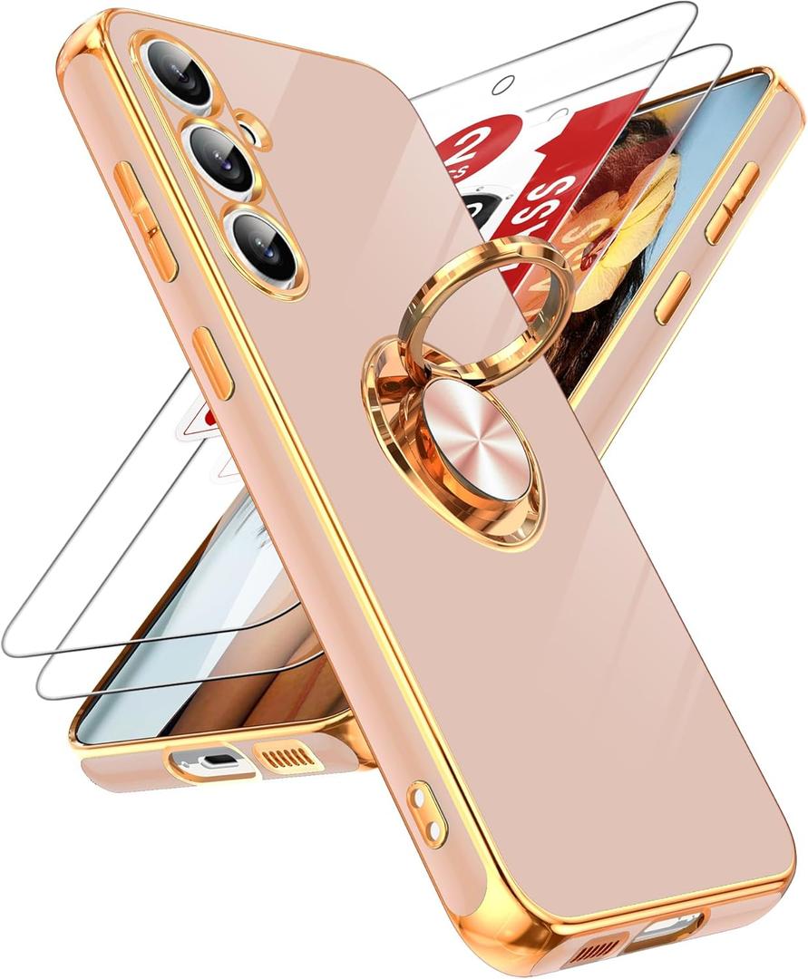 LeYi for Galaxy S23 FE 5G Case: with Tempered Glass Screen Protector [2 Pack] 360 Rotatable Ring Holder Magnetic Kickstand, Plating Rose Gold Edge for Galaxy S23 FE 5G Case, Pink