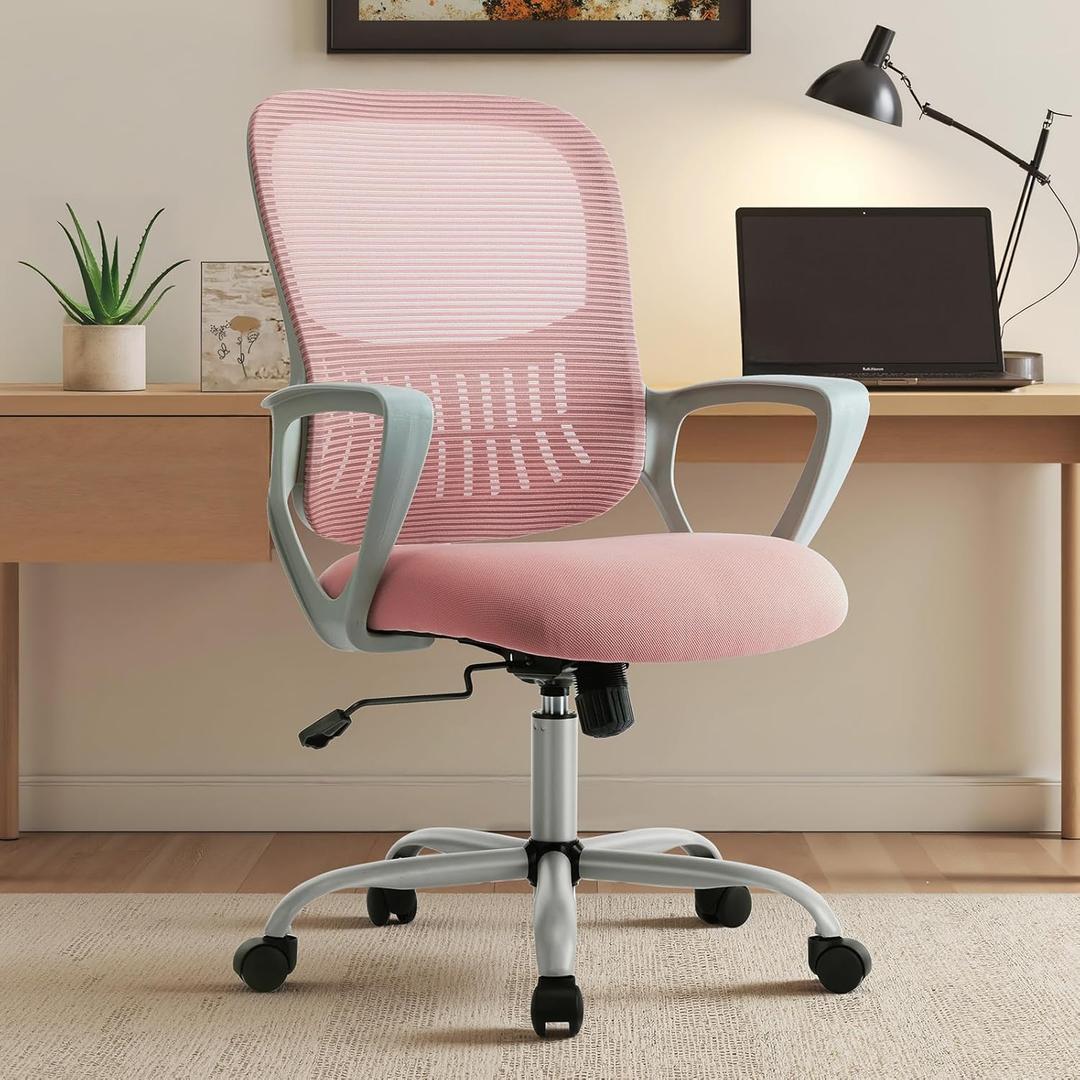 Sweetcrispy Home Office Managerial Executive Chair with Ergonomic Design, Mid-Back Mesh Swivel, Comfortable Lumbar Support and Rotating Wheels for Bedroom, Study (Pink)