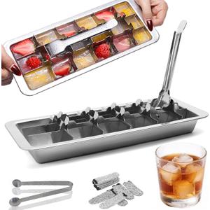 Stainless Steel Ice Cube Trays, Metal Ice Cube Trays for Freezer Vintage Inspired Design with Release Lever Remove Handle for Making Large Cubes Kitchen & Bar (1pcs+Tweezers & Finger Gloves)