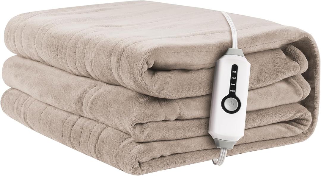ReyyNio Heated Electric Blanket 62"x84" Twin Size, Soft Coral Fleece Blanket with 4 Heating Levels & 10 Hours Auto-Off, Fast Heating, Warm Cozy, Machine Washable for Home & Office - Light Brown
