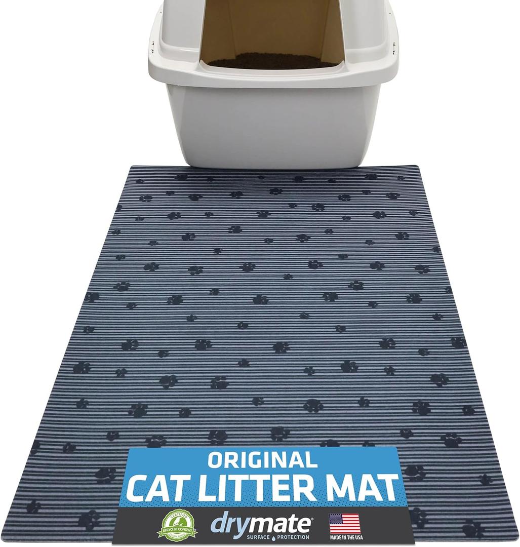 Drymate Original Cat Litter Mat, Contains Mess from Box, Protects Floors, Urine-Proof, Machine Washable, Soft on Kitty Paws, Absorbent, Waterproof (USA Made, Recycled Content) (20x28)(GreyStripePaw) (1 Count (Pack of 1))