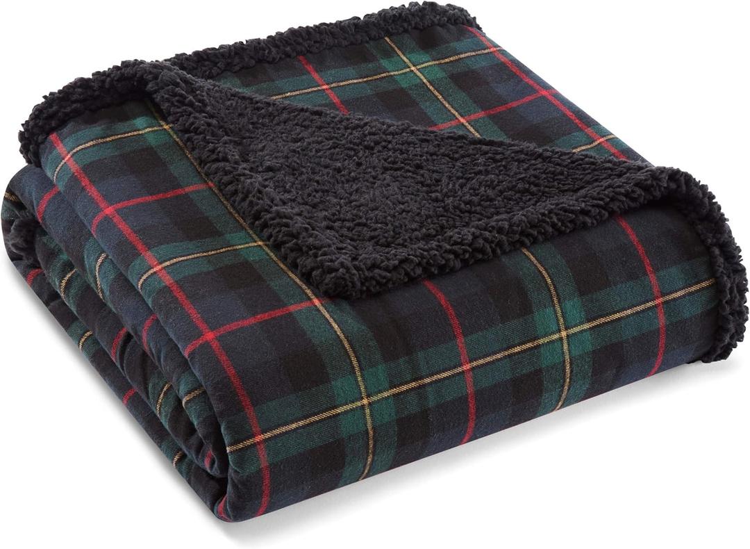 Eddie Bauer - Throw Blanket, Brushed Fleece & Plush Sherpa Bedding, Throw Blanket for Couch & Bed (Pine Tartan Dark Green, 50" x 60")