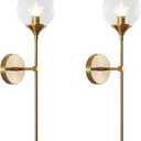 BOKT Clear Bubble Glass Globe Wall Mounted Sconce Light Set of 2 Modern Brass Gold Long Pole Wall Sconce Lighting Set of Two Mid Century Vintage Bathroom Mirror Wall Lamp (Clear)