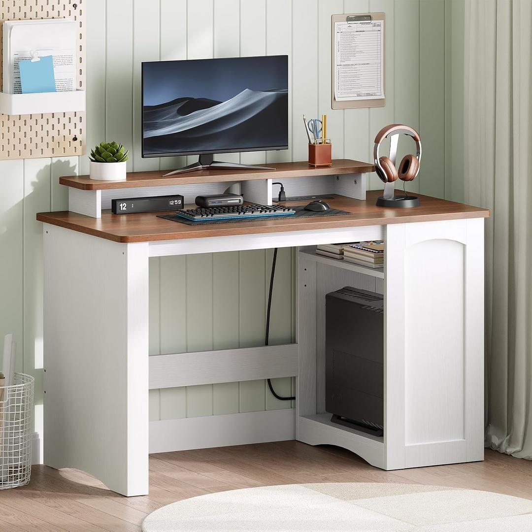 HOOBRO Computer Desk, Office Desk with Charging Station, Farmhouse Executive Desk with Monitor Stand & Adjustable Shelf, Small Desk for Small Space, Study, Living Room, White and Walnut WH85UDN01, 39.4"L x 19.7"W x 33.5"H