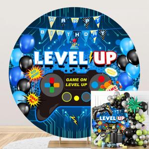 Polyester Diameter 7ft Round Video Game On Backdrop Cover Gaming Level Up Gamepad Remote Control Gamer Background for Photography Boys Men Game Fans Video Gamer Party Banner (Style 3)