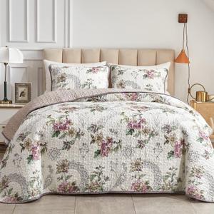 3 Pieces Quilt Set Full/Queen Size, Beige Floral Reversible Bedspread Coverlet Set, Soft Microfiber Lightweight Bed Cover for All Season (90" x 90", 1 Quilt+ 2 Pillow Shams) (Queen-90" x 90" (1 Quilt + 2 Pillow Shams))