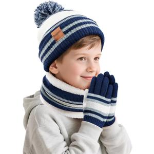 Kids Winter Hat Scarf Gloves: Boys Beanie Hats Gloves Set for Ages 6-10 Warm Thick Fleece Lined Winter Set Knit Cap Snow Ski (Navy Blue)