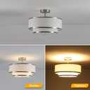 Semi Flush Mount Ceiling Light, 3-Light Double Drum Ceiling Light Fixture with Fabric Shade, Farmhouse Chandelier Dining Room Light Fixture for Bedroom, Kitchen, Hallway (Brushed Nickel), Large Drum Light Fixture