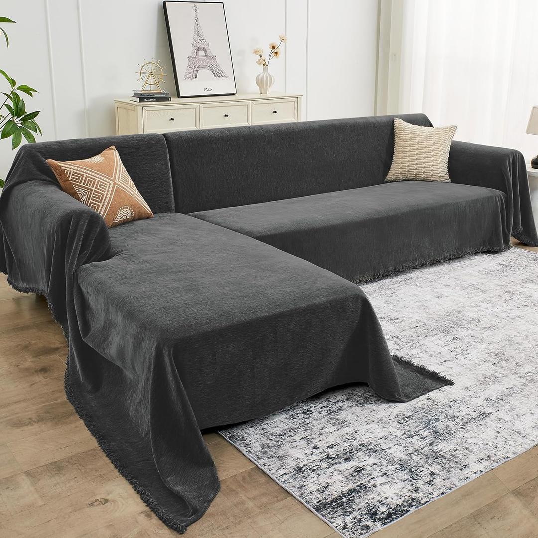 Sectional Couch Covers, 2 Pieces Chenille Sofa Cover L Shaped Couch Cover Blanket for Dogs Washable Sofa Slipcovers Pet Furniture Protector (X-Large: 71" x 110" + 71" x 118", Graphite Gray)