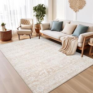 Area Rugs 5x7 for Living Room, Floral Washable Rugs for Dining Room, Bedroom, Kitchen, Vintage Non-Slip Thin Area Rug(Beige, 5'x7') (5' x 7' (Rectangular), Beige)