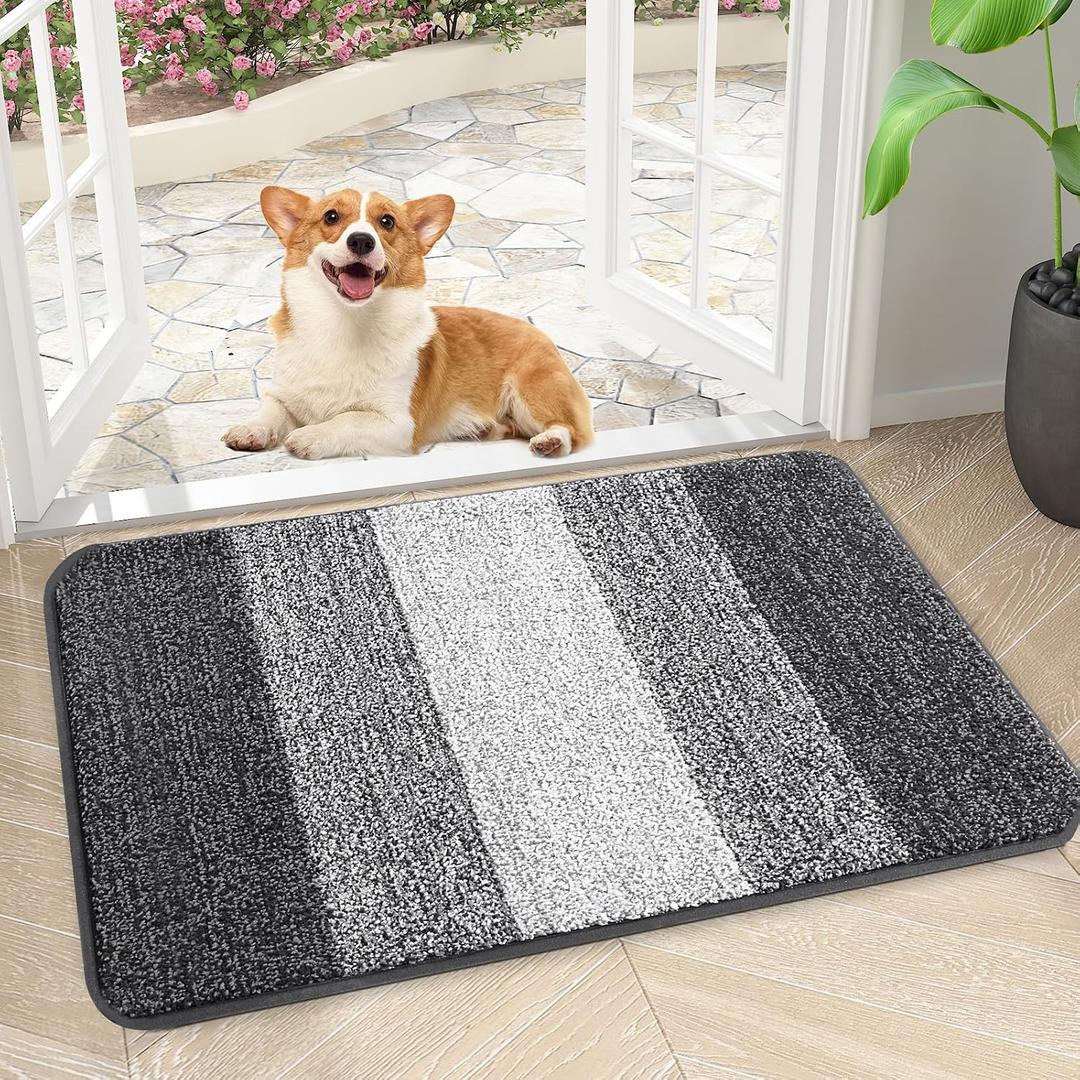 Kitinjoy Indoor Outdoor Door Mat, 30x17 Non-Slip Absorbent Dirt Trapper, Low-Profile Washable Inside Entrance Front Floor Mat, Sturdy Soft Entry Doormats for Entryway, Grey
