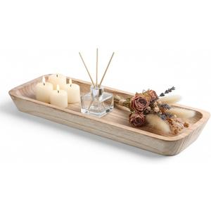 16" Wooden Dough Bowls Decorative, Long and narrow Wooden Centerpiece Table Decorations, Narrow Wood Tray, for Table Centerpiece Decor, Home Decor