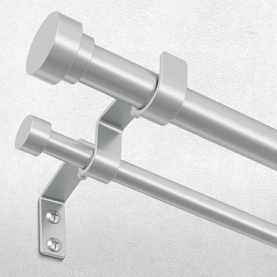 Double Curtain Rod, 1 Inch Silver Dual Curtain Rods 36 to 72 Inch with Aluminium Modern End Cap Finials, Adjustable Heavy Duty Window Treatment Rods, Telescopic Metal Double Drapery Pole Set