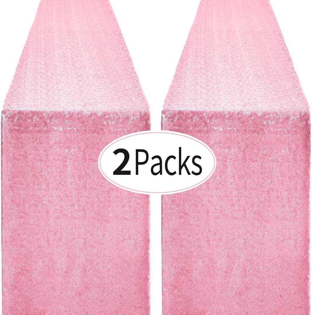 2 Packs 12 x 72 inches Pink Sequin Table Runner, Glitter Runner for Birthday Party Supplies Decorations Wedding Bachelorette Holiday Celebration Bridal Shower Baby Shower