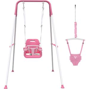 2 in 1 Toddler Swing & Baby Jumper, Foldable Baby Swing Outdoor & Indoor Use, Easily Installable and Storable (Pink)