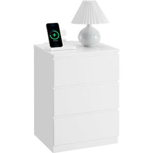VASAGLE Nightstand with Charging Station, 2 AC Outlets and 2 USB Ports, Bedside Table, Side Table with 3 Drawers, Modern Style, 13.8 x 15.7 x 23.2 Inches, Cloud White ULET631W16