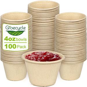 4 oz Small Paper Bowls, 100 Pack Compostable Bagasse Fiber Bowls, Microwavable for Condiments, Sauce, Ice Cream