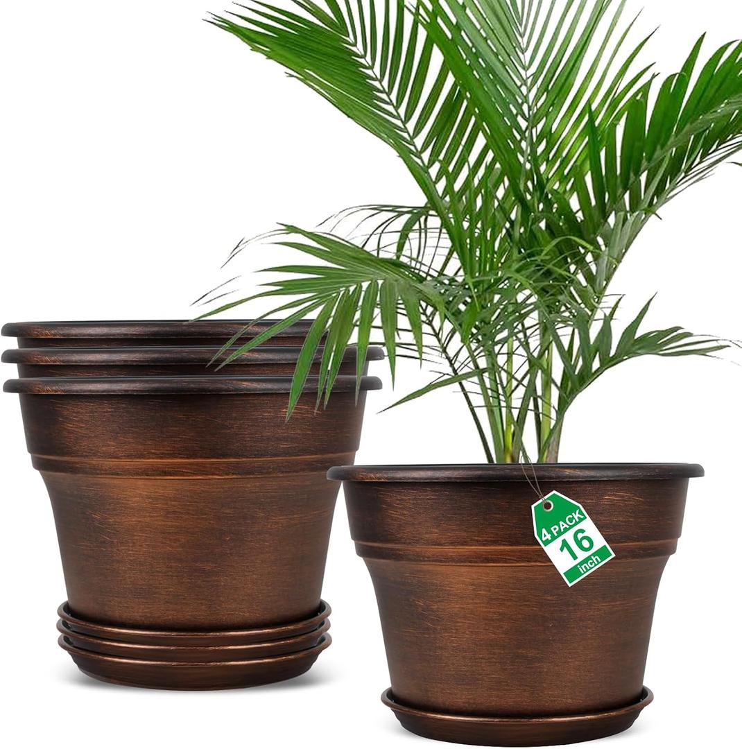 Plant Planters Pots Set of 4 Pack 16 InchLarge Plastic Flower Pot For Indoor Plants With Drainage Holes & Trays, Resin Decorative Container Sets With Saucer For House Outdoor Garden Plant Copper