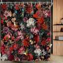 Drgilau Vintage Floral Shower Curtain Set - Red Flower Plants Boho Black Curtain with Hooks for Bathroom Decor - 70X90 Inch