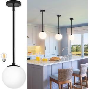 Bagood 6 Inch Globe Pendant Light Black Mid Century Modern Globe Light Fixture Mid Century Milk Glass Pendant Lamp Matte Black Finished with Milk Glass Lampshade for Kitchen Island