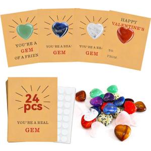 Valentines Day Gifts for Kids  24 Pack Valentine Cards with Heart-Shaped Gemstones, Natural Crystal Rock Exchange Gifts for Boys & Girls, Classroom School Party Favors