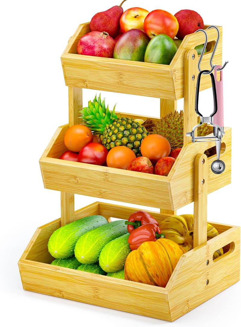 3 Tier Bamboo Fruit Basket, Fruit Basket for Kitchen Counter Fruit Bowl Fruit and Vegetable Storage, Fruit Bowl for Onion Potato Bread Snack Organizer and Kitchen Decor