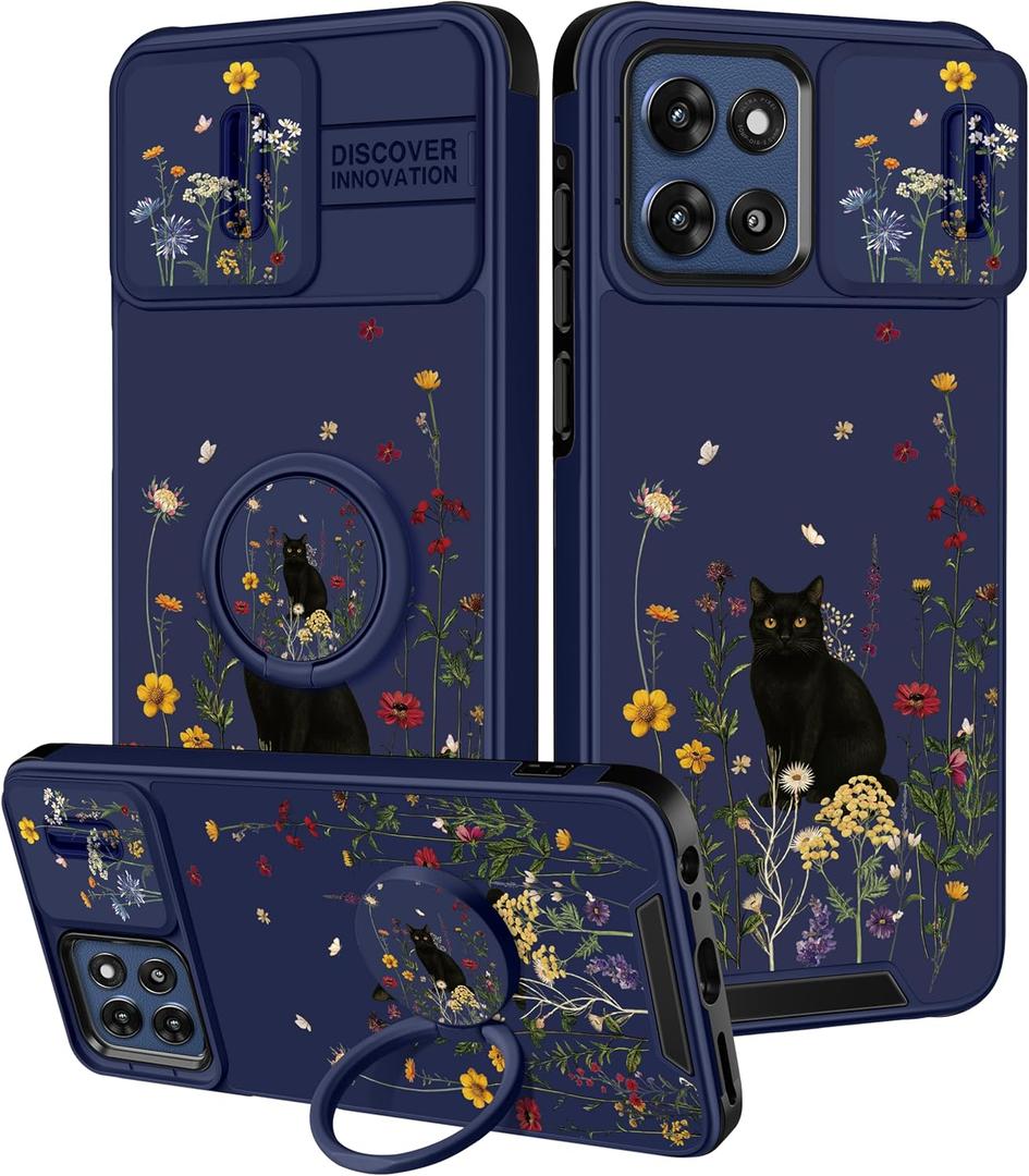 Goocrux for Moto G Stylus 5G 2025 Case - Women Girls Cute Phone Cover Girly Pretty Unique Aesthetic Design Slide Camera Cover with Ring Stand Holder Cases for Motorola G Stylus 5G 2025, Cat Floral