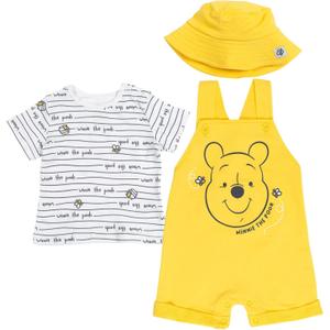 Disney Winnie the Pooh Baby Boys' Outfit Set 3 Piece Shortall Tee and Hat Newborn to Infant (Yellow)