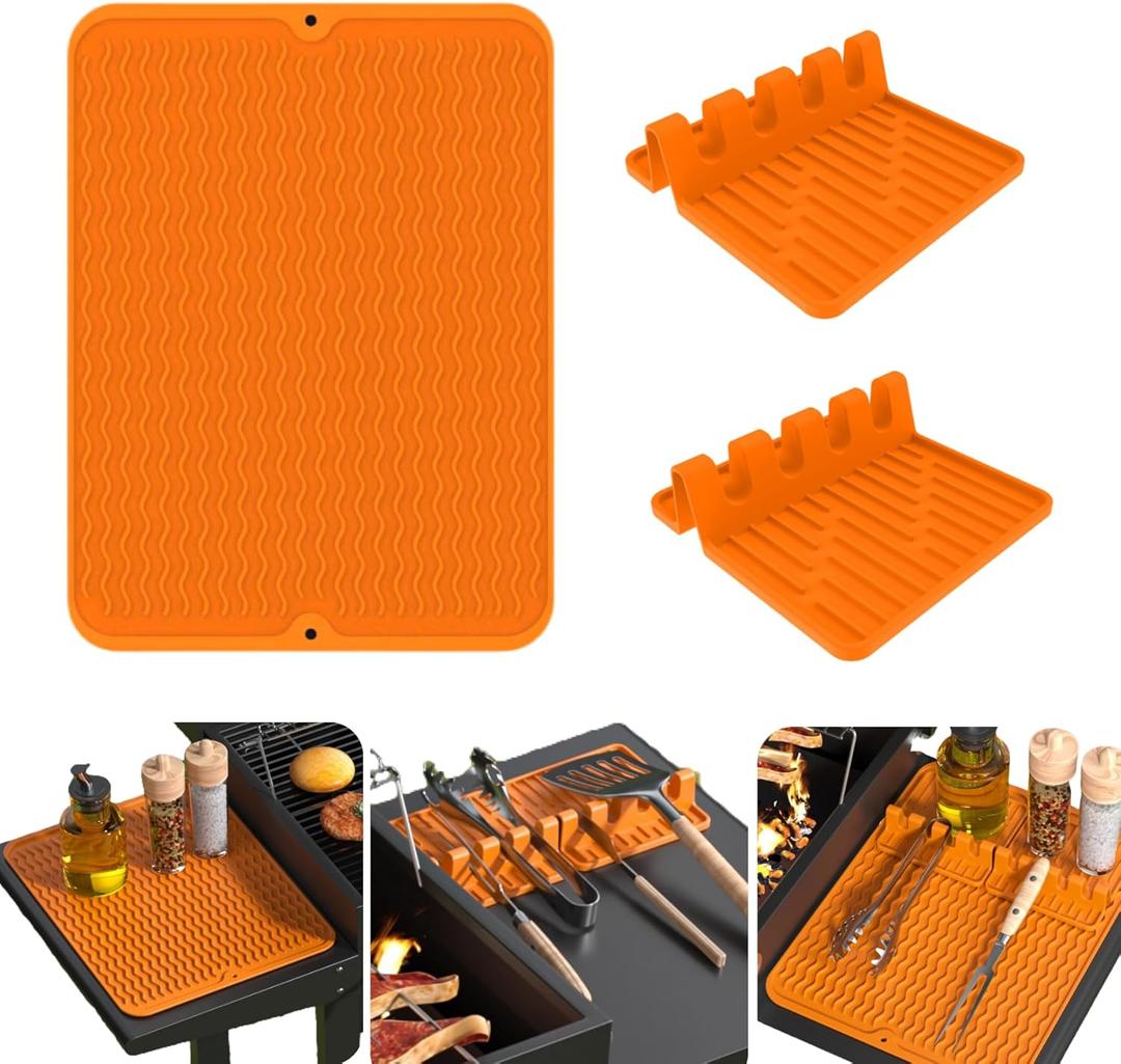 Silicone Grill Mat for Blackstone - Griddle Accessories Tools 3-piece Set Spatula Dish Drying Mat - Outdoor BBQ Grill Drip Pad, Orange