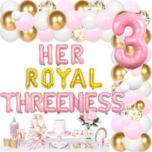 Her Royal Threeness Birthday Decorations for Girls, Princess Themed 3rd Birthday Party Decor, Pink Gold Balloon Kit Banner Crown Pink Number 3 Foil Balloon for Girls 3rd Bday Party Supplies