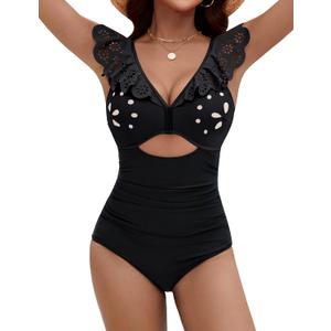 Blooming Jelly Women's One Piece Swimsuits Tummy Control Bathing Suit 2025 Petal Cutout Swim Suit Ruffle V Neck Swimwear (Large, Black)