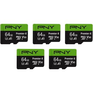 PNY 64GB Premier-X Class 10 U3 V30 microSDXC Flash Memory Card 5-Pack - 100MB/s, Class 10, U3, V30, A1, 4K UHD, Full HD, UHS-I, Micro SD