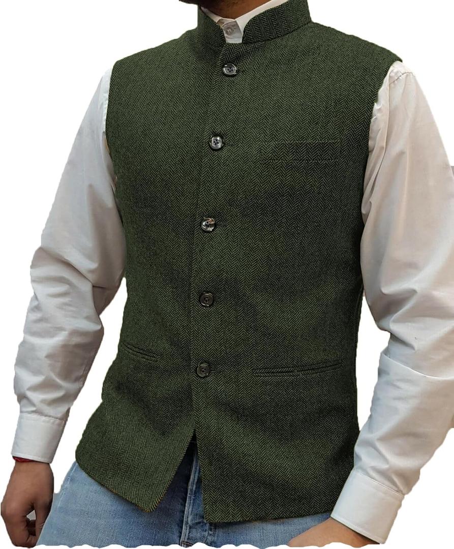 Tuikayoo Mens Herringbone Wool Vests Suit Business Tweed High Collar Waistcoats Slim Fit (M)