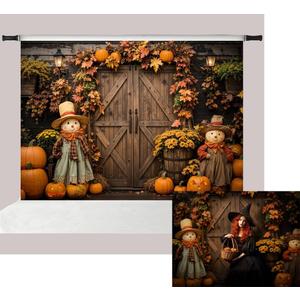 Kate 7x5ft Backyard Wooden Door Pumpkin Decor Photo Backdrops for Photography Autumn Leaves Flowers Puppet Figurine Halloween Photography Background