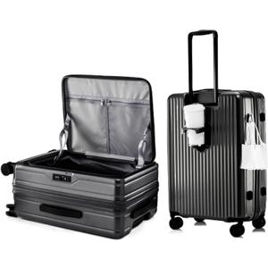 HotWay 24 Inch Expandable Checked Luggage with Cup Holder, Hardside TSA Approved Luggage with Spinner Wheels, Top Opening Suitcase For Travel, Black