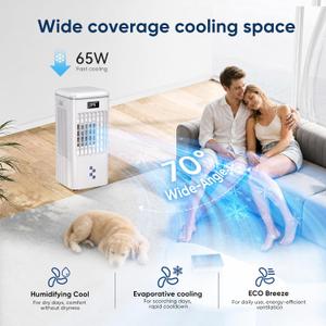 Portable Air Conditioners Fan, Windowless Evaporative Air Cooler 3 Modes & 3 Speeds, 12H Timer for Smart Auto-off, 2-Gals Tank for 20H Cooling,16FT Remote,No Hose Needed,38db Swamp Cooler, FK2508