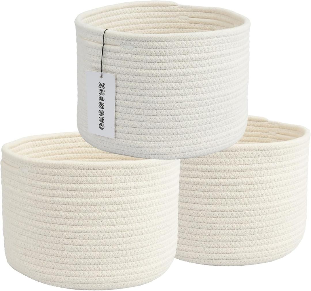 Woven Cotton Storage Baskets - 3-Pack Round Bins (10x10x7'') for Shelves, Closets & Bookcases | Durable Rope Organizers for Nursery, Baby, Toys, Easter & More (white)
