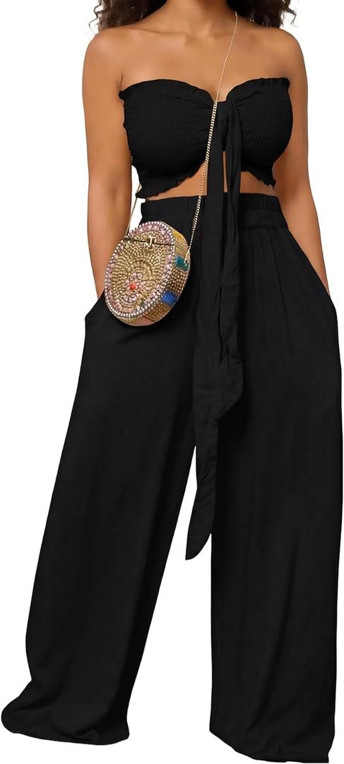 Ekaliy Womens Summer Outfits 2 Piece Sets Casual Vacation Tie Front Bandeau Crop Tube Top and Wide Leg Pants Set With Pockets (Black, S)