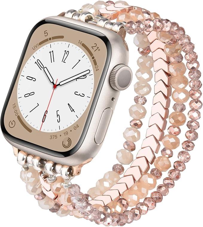 MOFREE Beaded Bracelet Apple Watch Band for Women 38mm 40mm 41mm 42mm, Elastic Stretch Women Strap Bands Compatible with iWatch Series 11/10/9/8/7/SE/6/5/4/3/2/1, Rose Gold for 5.3''-6.2'' Wrists