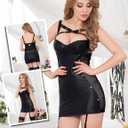 ohyeah Black Faux Leather Mini Dress Teddy Lingerie Sets for Women Sexy Rave Outfit Teddy Lingerie with Garter Belt, XS-4XL (Black, M)