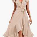 PRETTYGARDEN Women's 2025 Summer Cross Midi Dress Casual Boho Deep V Neck Short Sleeve Ruffle Hem Split Beach Long Dresses S