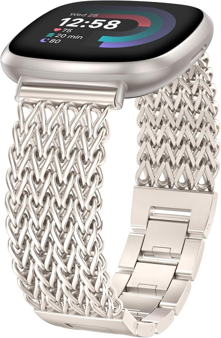 Minyee Metal Bands Compatible with Fitbit Sense 2/Versa 4/Versa 3/Sense Bands Women, Dressy Stainless Steel Multi-chain Designer Luxury Link Bracelet Wristband Replacement Strap (Starlight)