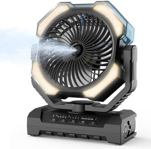 Camping Misting Fan - 30000mAh Portable Battery Powered Fans with 9oz Water Tank, Light, Hook - Rechargeable, 120H Cooling, Last 5H Mist, 4 Speed, Sleep Mode - Outdoor Fan for Travel, Patios, Fishing