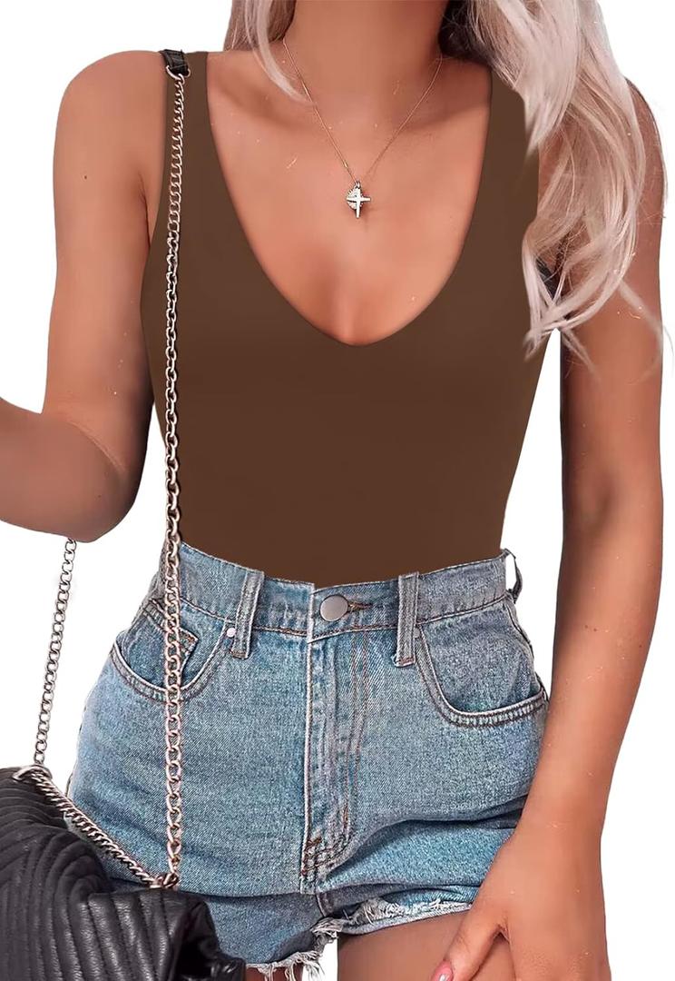 SAUNGKUAI Womens Bodysuit Sexy Plunge Deep V Neck Backless Sleeveless Tank Thong Body Suits Outfits for Going Out (Large, Brown)