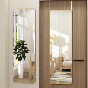 Door Mirror, Over The Door Full Length Mirror, 14"x 48" Door Hanging or Wall Mirrors, Full Body Mirrors, Rounded Corner, Gold
