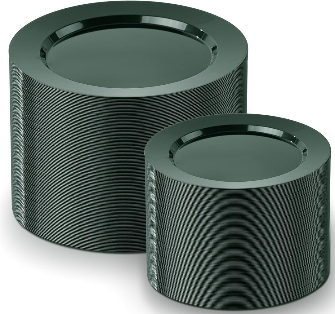 FLOWERCAT 200PCS Dark Green Plastic Plates Disposable Plates for Party - Heavy Duty Plastic Plates - 10" &7" Plate for 100 Guests New Year Parties and Events