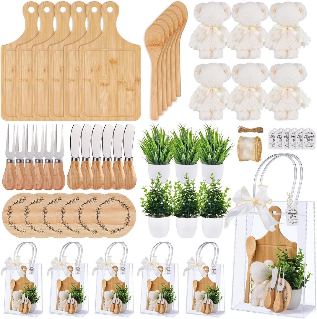 56 Pcs Baby Shower Prizes for Game Winners 6 Sets Bamboo Cheese Board Fork Butter Spreaders Coasters Towel Artificial Potted Plant Thanks Card Gift Bag for Baby Shower Wedding Bridal Shower Favors